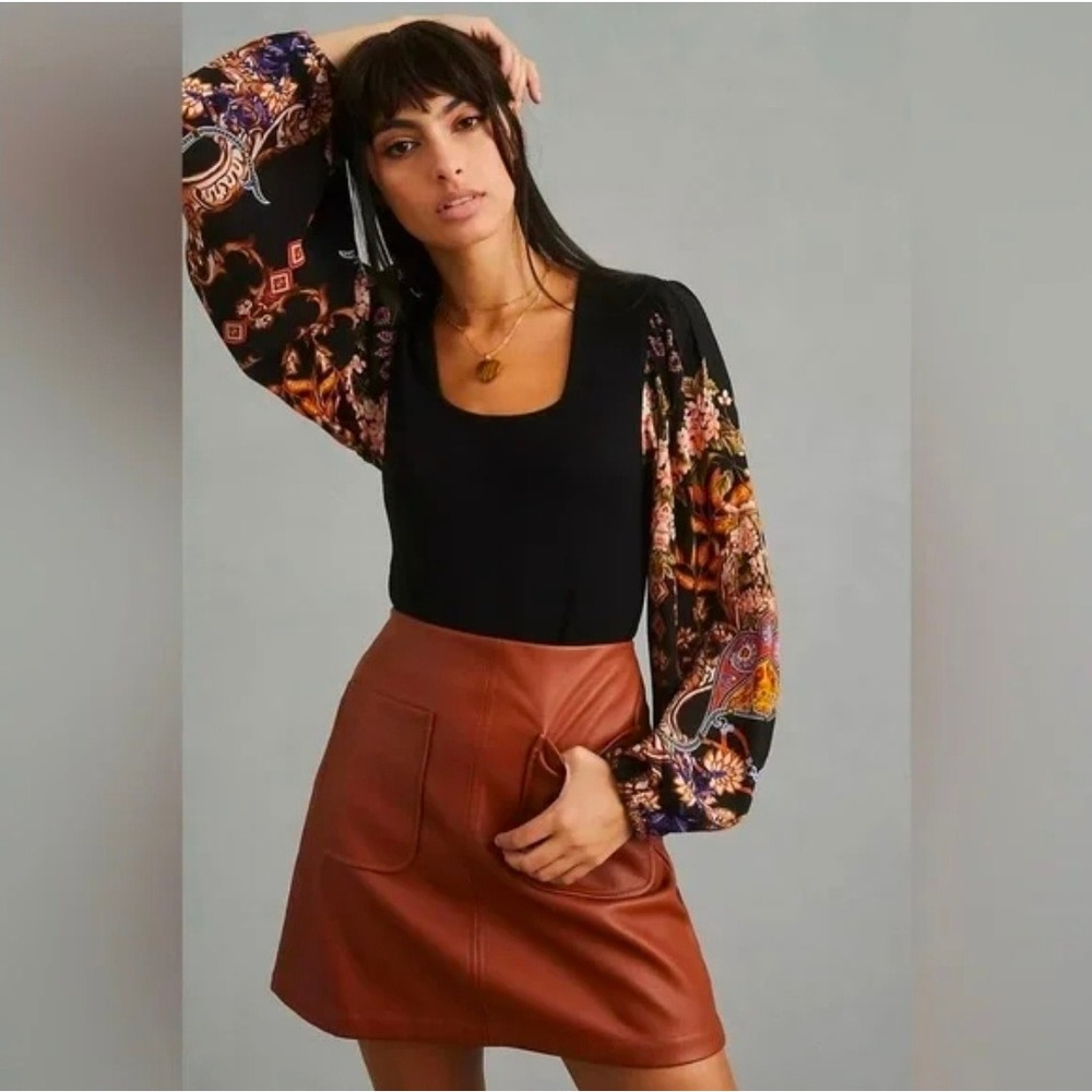 Blank London Black Knit Top Floral Baroque Print Balloon Sleeve XS‎ Womens